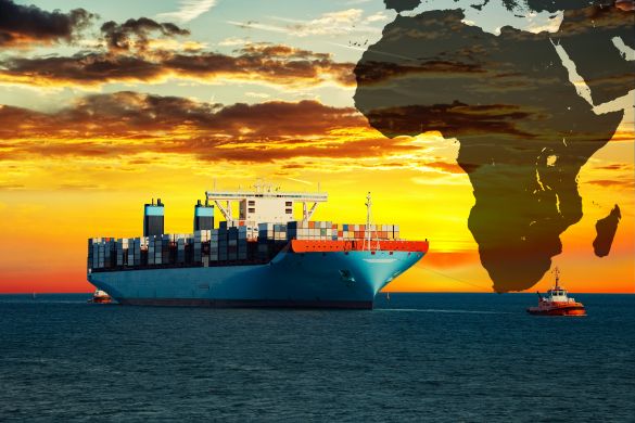 Ship on sea with map of Africa in the background