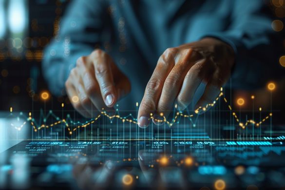 hands on keyboard with data graphs displayed above
